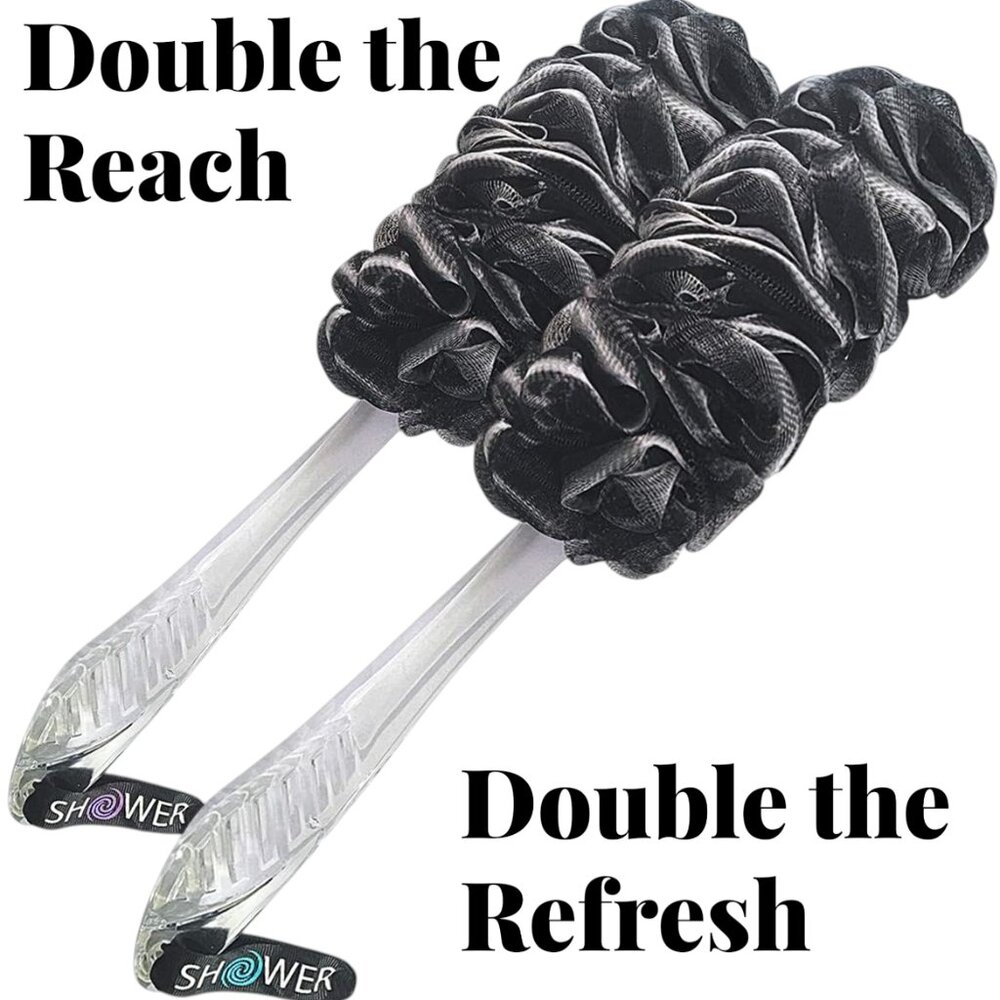 Shower Bouquet 2-Pack Long Handle Back Scrubbers - XL Mesh Loofahs (Black)